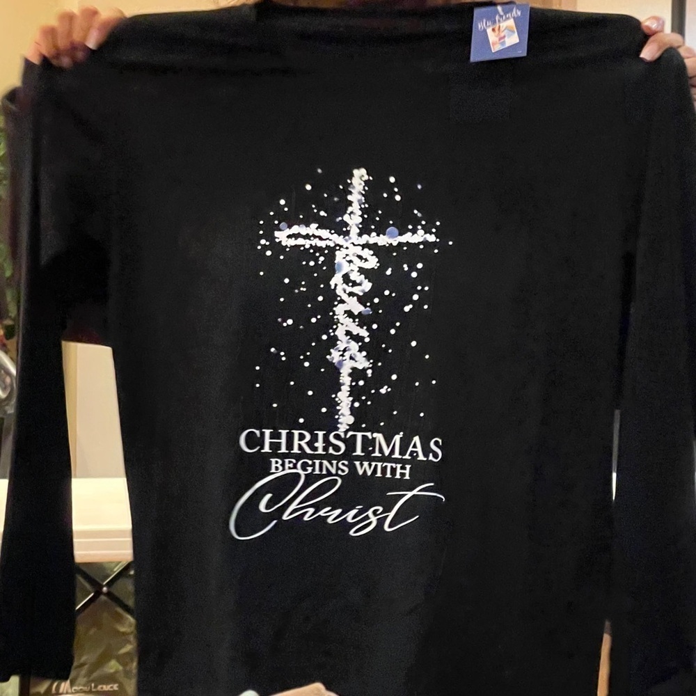 Red or Black Long Sleeve T-“Christmas Begins w/Christ” - Picture 4 of 4